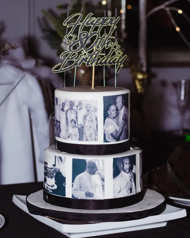 Decorated birthday cake at a celebration