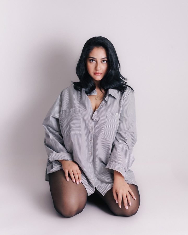 Grey shirt studio portrait